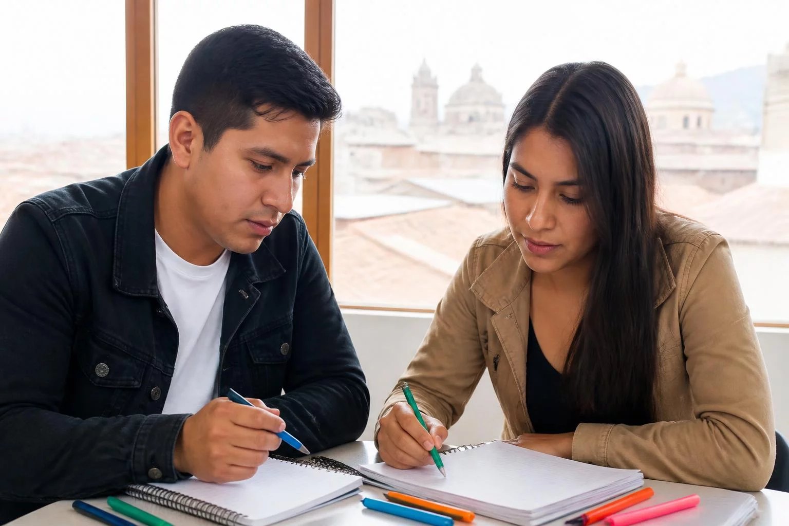 Dos personas organizando sus apuntes con plumones de colores