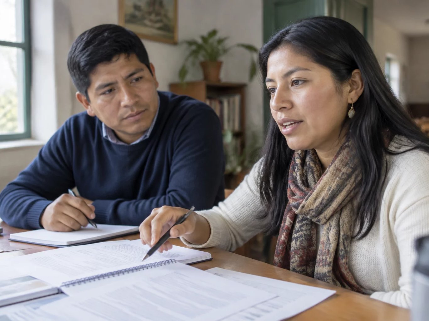 Dos personas revisando apuntes impresos sobre la mesa