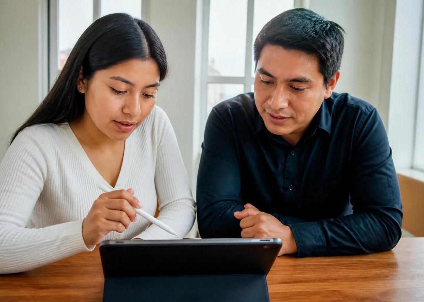 Dos colegas consultando sus notas en una tablet