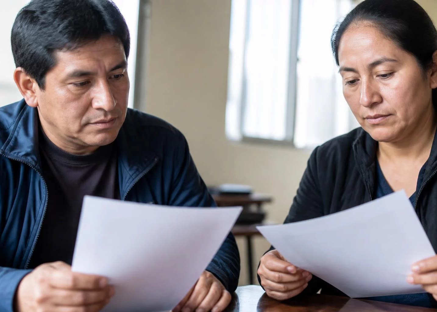 Dos personas repasando páginas impresas de argumentos